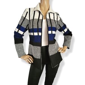 Chico's Black, Blue & White Colorblock Tweed Open Front Jacket